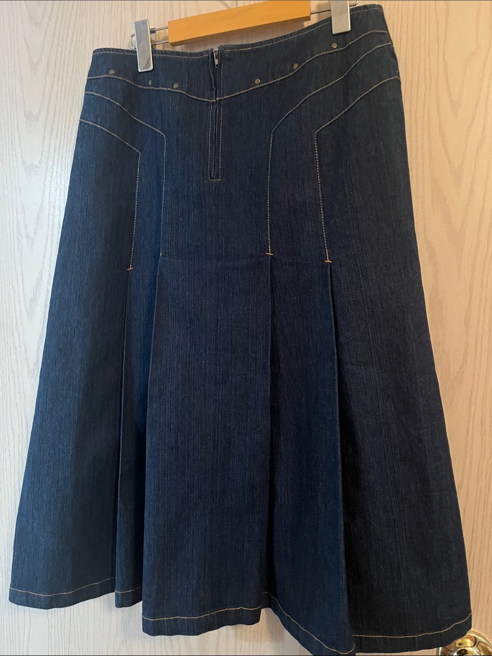 Dark Blue Denim A-Line Skirt with Decorative Stud and Bead Accents - Picture 8 of 11